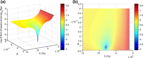 Fig. 6 Logarithm of the function S(μ) over the parameter domain D of parameter components E and β with (a) an overall 3D view and (b) a xy-view.