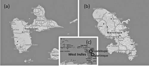 Fig. 1. Maps of Guadeloupe (a), Martinique (b) and general location in the West Indies (c). The location of the sampling sites is marked with black dots, and the locations of the islands are marked with open circles.
