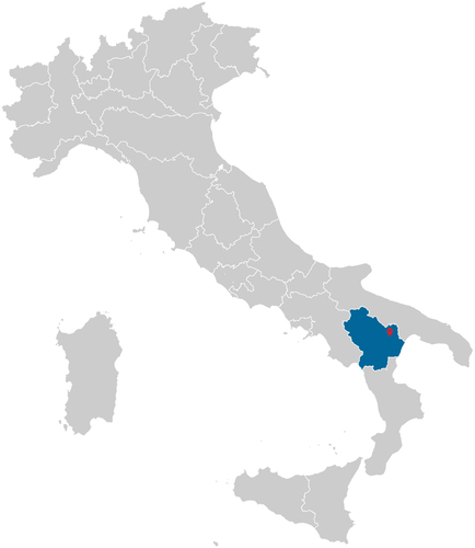 Figure 1. Reference map of Italy and Basilicata (in blue). The marker shows the San Giuliano reservoir.