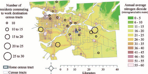 Figure 7 Work destinations for male commuters in a selected suburban census tract.