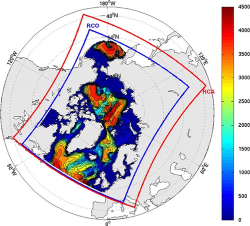 Fig. 1 RCAO arctic domain and bathymetry (m).