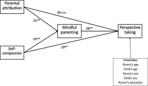 Figure 1 Visual presentation of mediation model with standardized regression weights. More comprehensive results can be viewed in Table 3. **Indicates p = 0.00.