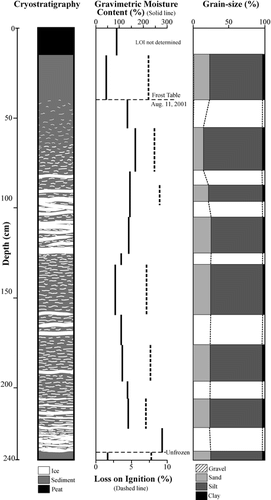 FIGURE 5. Core diagram of mound 20, showing cryostratigraphy, gravimetric moisture content, and organic content