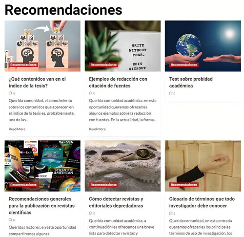 Figure 7. Recommendations section in the PJI website. Source: https://jovenesinvestigadores.org/index.php/category/recomendaciones/. Note. This section was conceived to answer frequently asked questions in research, but also to strengthen good practices. Such is the case of examples of writing style, a glossary of terms and evaluation of academic honesty.