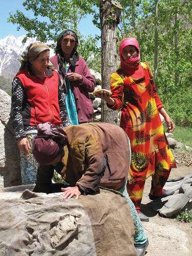 Figure 5. Women bake bread in a traditional tandoor oven using the red wheat Rashtak, now only cultivated in one village, to perform a ritual in Bartang Valley in the Pamir Mountains. Traditional seeds and their associated cultural practices have been lost, partly because of rural development interventions. Photo: Jamila Haider