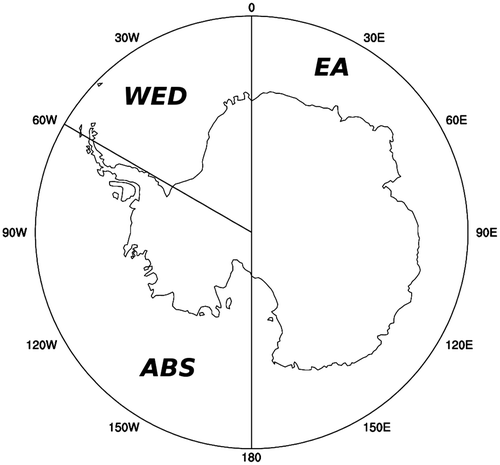 Fig. 1. The Antarctic continent and the surrounding SO south of 60°S, referred to as S60 in this study. Also shown are the three sectors, i.e. East Antarctica (0°–180°, EA), Amundsen-Bellingshausen Sea (180–60°W, ABS), and Weddell Sea (60°W–0°, WED), considered here.
