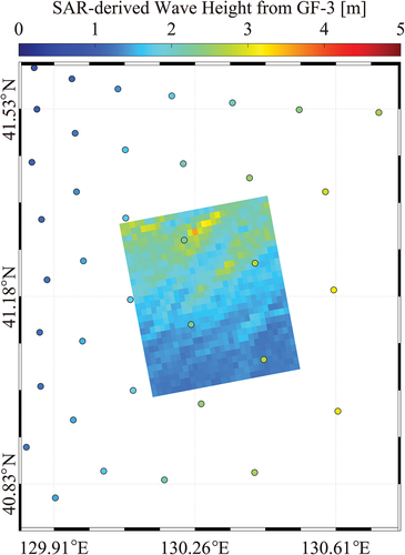 Figure 11. Inverted SWH map from the VV-polarized GF-3 image acquired at 09:13 UTC on 4 April 2020, in which the spots represent the SWAN-simulated results.