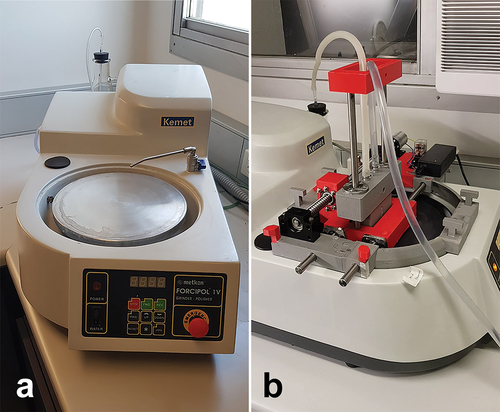 Figure 1. (a) The planar microgrinder was designed based on a FORCIPOL 1 V wheel grinder/polisher. The plastic splash guard has been removed exposing a ledged boundary to accommodate the microgrinder construct. (b) The FORCIPOL 1 V wheel grinder fitted with the planar microgrinder construct during operation.