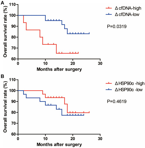 Figure 7 Kaplan–Meier analysis of OS performed according to the ΔcfDNA ((A), n=67) and ΔHSP90ɑ ((B), n=71) levels in surgical patients. ΔcfDNA=cfDNApost-surgery-cfDNApre-surgery. ΔHSP90ɑ=HSP90ɑpost-surgery-HSP90ɑpre-surgery. cfDNApre-surgery, cfDNA concentration before surgery. cfDNApost-surgery, cfDNA concentration after surgery. HSP90ɑpre-surgery, HSP90ɑ concentration before surgery. HSP90ɑpost-surgery, HSP90ɑ concentration after surgery.