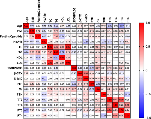 Figure 7 The heatmap depicts the relationship between other variables and the N-MID of the DM alone group. In the map, we found that the β-CTX (r=0.54, p<0.05) was only strongly positively (displayed in red color) correlated with the N-MID, whereas the HbA1c (r=−0.27, p<0.05) was negatively (displayed in blue color) correlated with N-MID. The gradient degree in red represents the degree of positive correlation. In contrast, the gradient degree in blue represents the degree of negative correlation, as shown by the color bar on the right side of the map.