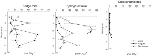 FIGURE 3. Methane concentration profiles for the three sampling months in the (a) sedge mire, (b) Sphagnum mire, and (c) ombrotrophic bog. The horizontal lines in (a) and (b) represent the position of the water table at the different sampling times. The black arrows indicate the active layer depth in June. Error bars represent the standard deviation of analyses conducted in triplicate.