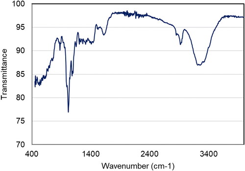 Figure 6. FT-IR spectrum of copper nanoparticles synthesized using C. vitiginea.