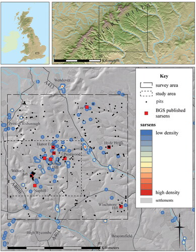 FIG. 3 Map showing the location of the Buckinghamshire survey area and Walter’s Ash study area in relation to topography, with sarsen stones recorded by Davies and Baines (Citation1953) (includes data derived from EDINA Digimap, Ordnance Survey data © Crown copyright and database rights 2021, 90 m STRM courtesy of CGIAR http://srtm.csi.cgiar.org and 2 m photogrammetry © Bluesky International Ltd/Getmapping Plc).