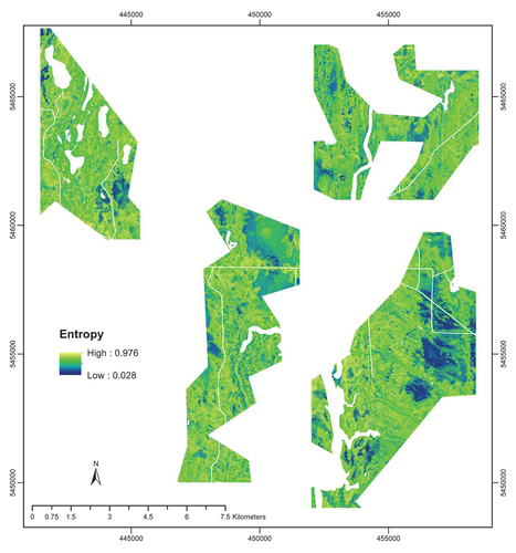 Figure 4. Entropy map for uncertainty of prediction, as calculated by (1), for the ARF study region. Darker color intensity indicates lower prediction uncertainty, whereas lighter color intensity corresponds to higher uncertainty with prediction.