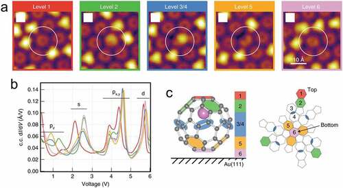Figure 6. 14 molecular states in a single molecule Li@C60. [Citation47] (a) Five kinds of STM images corresponding to five levels (level 1, 2, 3/4, 5, 6) at −2.5 V (0.1 nA). (b) dI/dV curves of the corresponding five levels. (c) Ball-and-stick model and a deconstructed diagram of Li@C60.