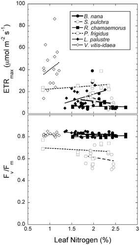 FIGURE 4. Relationship between maximum PSII electron transport rate (ETRmax, µmol electrons m-2 leaf area s-1: upper) or PSII efficiency (Fv/Fm: lower) and leaf nitrogen content (% total dry mass). Each point is the mean of 3 measurements taken for each species at 8 hill slope positions (5 positions for Petasites frigidus). A linear regression for each species is plotted; however, while these regressions were often significant, they rarely explain more than 5% of the variance in observed fluorescence characteristics.