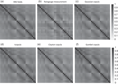 Fig. 7 Correlation matrices (for 28 radar pixels) based on original radar rainfall estimates (RRE), raingauge measurement and four copulas, respectively.