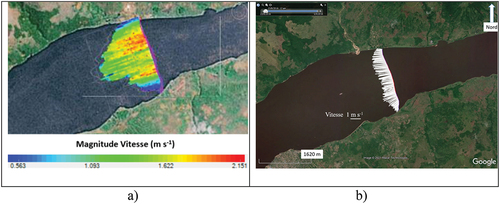 Figure 3. (a) Bathymétrie et répartition des vitesses dans la section ; (b) Répartition des vitesses de surface. Section Maluku-Tréchot – juillet 2010 – cartes Google Earth aux mêmes échelles.