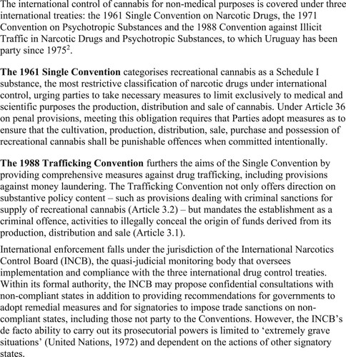 Figure 1. Overview of the international mechanisms governing the control of cannabis.Although the 1971 Convention on Psychotropic Substances is also part of the international drug control regime, its primary purpose is the international control of psychoactive drugs like methamphetamine and barbiturates (United Nations, Citation1971). It is not included in the current analysis due to its limited reference to interactions and tensions with Uruguay’s cannabis regulation.