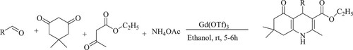 Scheme 23. Synthesis of poly-hydro quinoline derivatives using Gd(OTf)3 catalyst in ethanol.