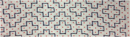 Figure 13. The dual pattern to kakinohanazashi. This piece also demonstrates another way to make hitomezashi stitches of the same length, using a piece of polka-dot or checked fabric to provide a grid.