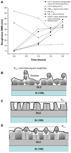 Figure 6 (A) Comparative diagram showing the root-mean-square roughness (Rrms) values of the engineered nanomaterials, after 0, 1 hour, 1.5 hours, and 2 hours of platelet adhesion. (B) Schematic illustration of a time-dependent increase in surface roughness (Rrms) depending on platelet adhesion onto bare carbon and titanium thin films of low nanoroughness. Schematic representations of (C) an increase in Rrms on bare carbon nanotube (CNT)/diamond-like carbon (DLC) nanocoatings due to CNT bundles and (D) a decrease in Rrms during platelet aggregation on the CNT/DLC substrates.