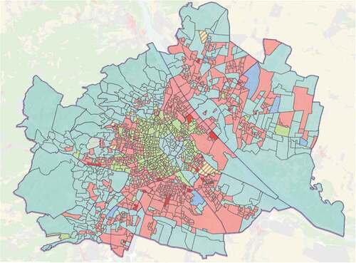 Figure 1. Voting behavior in the 2019 national elections (green = The Greens; red = social democratic SPÖ; turquoise = conservative-populist ÖVP; blue = right-populist FPÖ); map retrieved from Vienna City Administration (Citationn.d.).