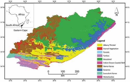 Figure 1. The Eastern Cape of South Africa and its biomes used in the study. Note that the waterbodies biome was excluded from the analysis.