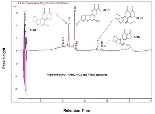 Figure 3. HPLC chromatographic separations. Standard chromatogram achieved after the analysis of aflatoxins standard mix with certificated concentration of 1.70 µg/mL for AFG2 and AFB2 and 5.86 µg/mL for AFG1 and AFB1 at wavelength 320 nm