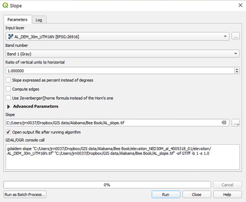 Figure 87. Calculating slope with QGIS.