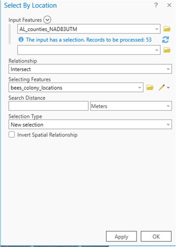 Figure 14. The select by location dialog box which shows that the features will be selected from the counties boundary layer where the layer intersects with the colony locations layer.