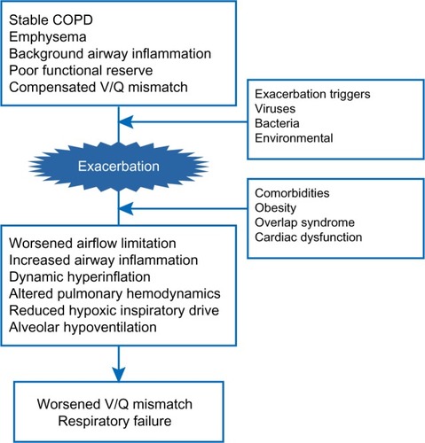 Figure 1 Pathological processes underlying the worsening of respiratory failure at COPD exacerbation.