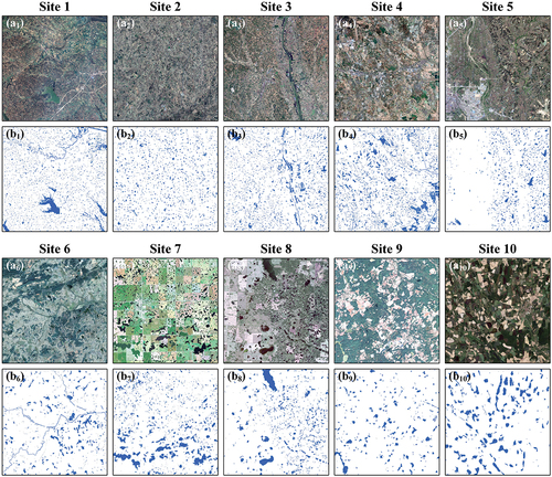 Figure 2. The validation images of the ten sites. (a1−a10) Google Earth RGB images used for validation, (b1−b10) surface water bodies digitized manually from Google Earth images. The blue color in (b1−b10) indicates surface water bodies.