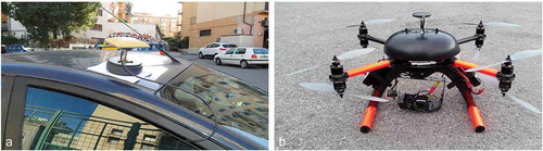Figure 1. A probe vehicle with an antenna of differential GPS (a) and a micro-UAV equipped with a video camera (b).