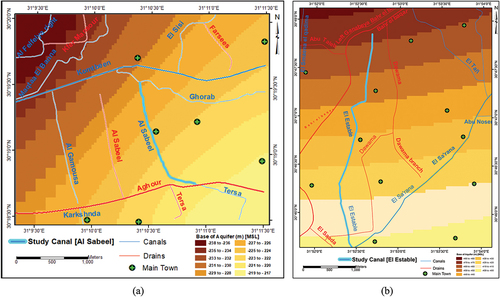 Figure 3. Base of aquifer at the study area of Al Sabeel canal (a) and El Estable canal (b).