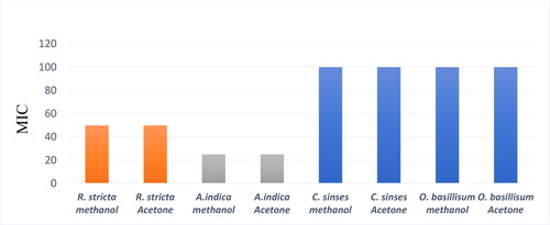 Figure 7. Minimum inhibitory concentration of plant extracts against P. acnes.