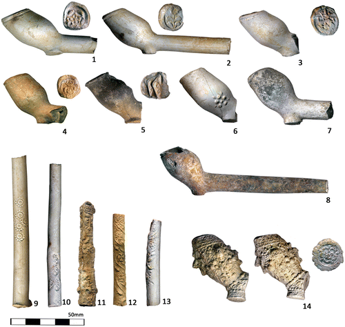 FIG. 13 Dutch pipes recovered in the earthwork feature (TR/S/T-1), dating between 1625 and 1638. 1. pipe with a rose mark, prob. Amsterdam; 2. Gouda pipe with a tulip mark; 3. Pipe with a crowned rose mark flanked by ‘T’ and ‘T’, Amsterdam; 4. pipe with a crowned rose mark, Amsterdam; 5. double-conical pipe with a lily mark, prob. Amsterdam; 6. pipe with molded rose on bowl; 7. West-Frisian pipe (Hoorn/Enkhuizen); 8. Poss. West-Frisian pipe; 9–13 various molded and stamped pipe stems, mostly from Amsterdam; 14. rare and finely molded pipe bowl with baroque motifs of human faces, a rooster’s head and vegetal design, poss. Gouda (Jan van Oostveen pers. comm. 2010).