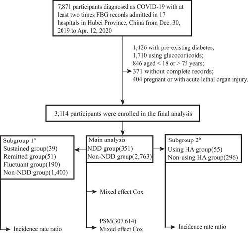 Figure 1 The flow chart of patient inclusion and analysis procedures in the study. aThe participants with at least three times fasting blood glucose records. bThe particients with newly-diagnosed diabetes.