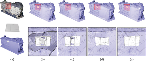 Figure 12. Comparisons of different fusion methods on the noisy façade: (a) meshes S, Q and S ′, (b) voxel-based, (c) BSP-based, (d) Fusion360, (e) proposed. Pronounced perturbations in this model challenge the optimal positioning and orientation of components, making rigid fusion potentially harmful. Fusion360’s attempt to closely conform to the original surface means that if the surface is noisy, the fused components will attach to this distortion, making it unsuitable for photogrammetric mesh models. In contrast, our method replaces this noise with well-defined components, providing an improved solution.