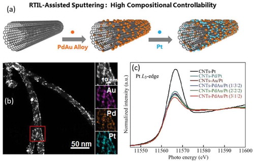 Figure 7. (a) Sequential sputtering of PdAu alloy and Pt targets onto room-temperature (RT) IL, [BMI][BF4], containing a carbon nanotube (CNT) to form PdAu/Pt trimetallic NPs-decorated CNT, (b) the HAADF and elemental mapping of CNTs-supported PdAu/Pt trimetallic NPs, (c) Pt L 3 edge XANES spectra of CNTs-supported PdAu/Pt trimetallic NPs with different Pd/Au/Pt ratios, Au/Pt and Pd/Pt bimetallic NPs, and Pt NPs. Reproduced with permission from Ref. [Citation110], copyright 2017 Springer.