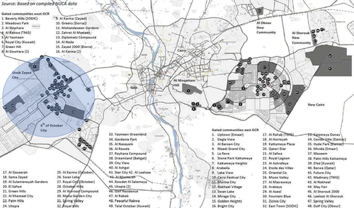 Figure 2. The gated communities in the Greater Cairo Region. Source: based on compiled New Urban Communities Authority (NUCA) data [Citation51].