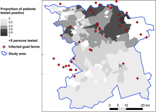 Fig. 2 Proportion of positive test results based on the same data as in Fig. 1 with locations of infected goat farms.