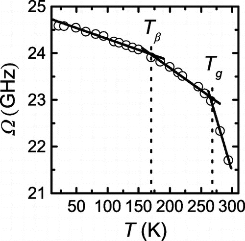 Figure 8. Temperature dependence of the frequency shift of the longitudinal acoustic modes as obtained by Brillouin scattering. The data are taken form [Citation26]. The solid lines represent linear fits. The dashed lines highlight K and K.
