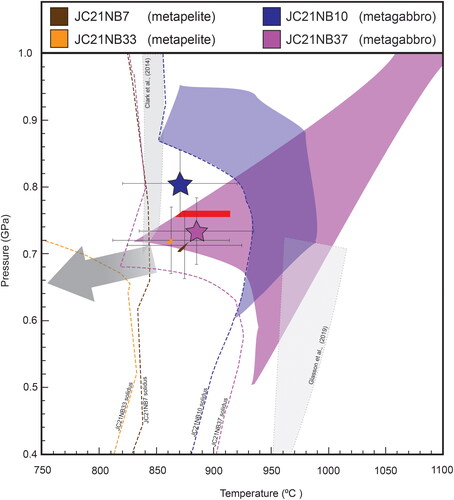 Figure 7. P–T Venn diagram of peak metamorphic assemblage domains calculated for Nova-Bollinger country rocks. Solidus lines of each sample are coloured and dashed according to their respective samples. The grey arrow indicates inferred the cooling path of metapelites. Peak metamorphic conditions calculated from previous studies in the southern Fraser Zone are coloured in grey. Error bars of 0.1 GPa and 50 °C prescribed in Palin et al. (Citation2016) are shown on peak fields.