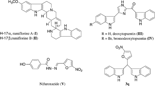 Figure 1.  Chemical structures of bis(indole) alkaloids, I. , II isolated from Aspidosperma ramiflorum and III, IV from sponge Spongosorites sp., nifuroxazide (V) and nitrofuryl BIM (3q).
