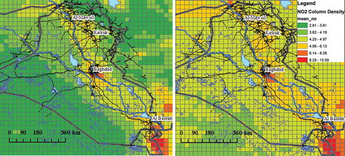 Figure 6. Monthly mean OMI tropospheric NO2 columns over Iraq in (left) winter months (2005–2009) and (right) summer.