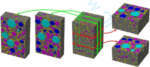 Figure 9. Virtual asphalt mixture specimen and its internal cross sections.