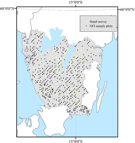 Figure 1. Location of NFI sample plots and the stand survey, framed within the shaded study area in southern Sweden.