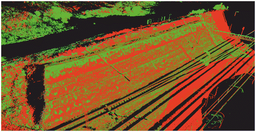Figure 10. Point cloud of output (green colour) and control measurement (red colour) of the Mazurowice landslide.