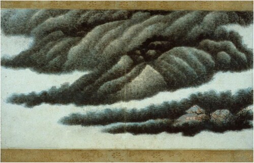 Fig. 6. Gong Xian, (1619–89), Mountains and Mist-Filled Valleys, 1671, album leaf, ink and watercolor on paper; silk mount, 9 5/8 × 17 3/4 in. (24.4 × 45.1 cm). The Nelson-Atkins Museum of Art, Kansas City, Missouri. Purchase: William Rockhill Nelson Trust, 60-36/4. Image courtesy Nelson-Atkins Media Services. The artist’s inscription reads: “Imitating Nangong's [Mi Fu, 1051–1107] [painting] on silk.”